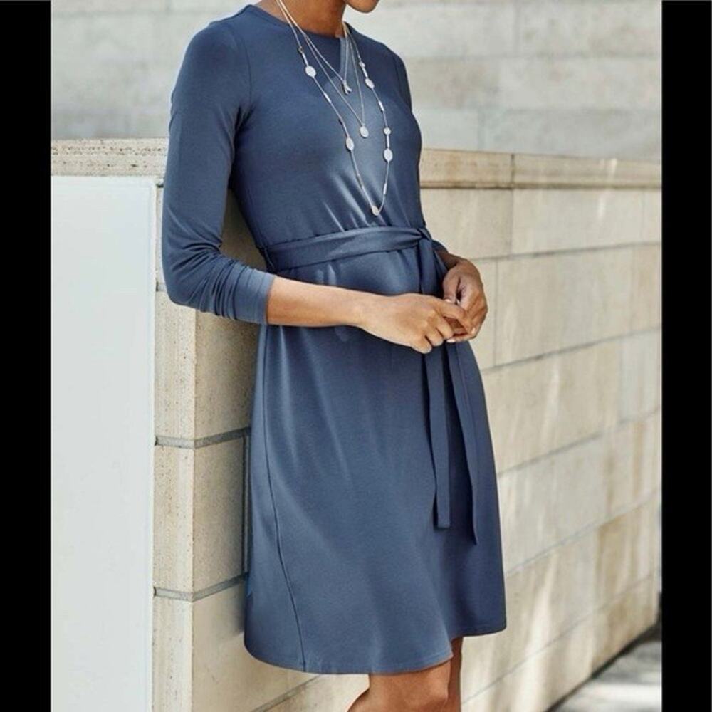 NWT J.JILL Wearever Collection Twilight Blue Belted Tie Waist Dress Size L NEW